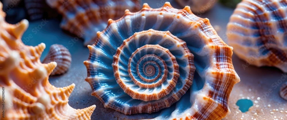 Poster close-up of colorful seashells on a sandy surface with intricate spiral patterns and textures in nat