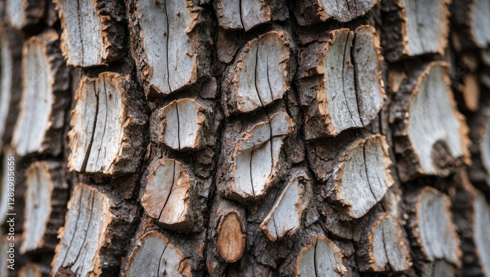Poster close-up texture of rough and weathered tree bark with visible wood grain and irregular patterns nat