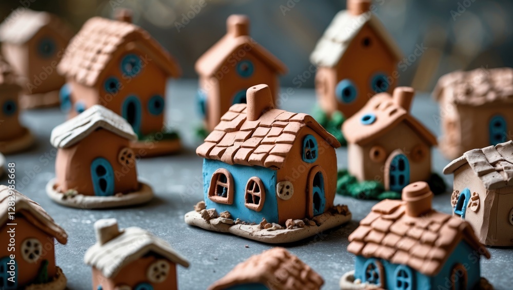 Poster miniature clay houses in various styles arranged on a textured surface with soft lighting and detail