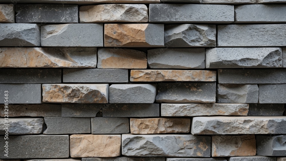 Poster textured stone wall background featuring a mix of gray and beige stones arranged in an abstract patt