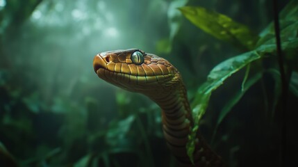 Obraz premium A stunning close-up of a snake in a lush jungle setting. The vibrant colors and intricate details captivate the wild essence of nature. A glimpse into the unseen world. Generative AI
