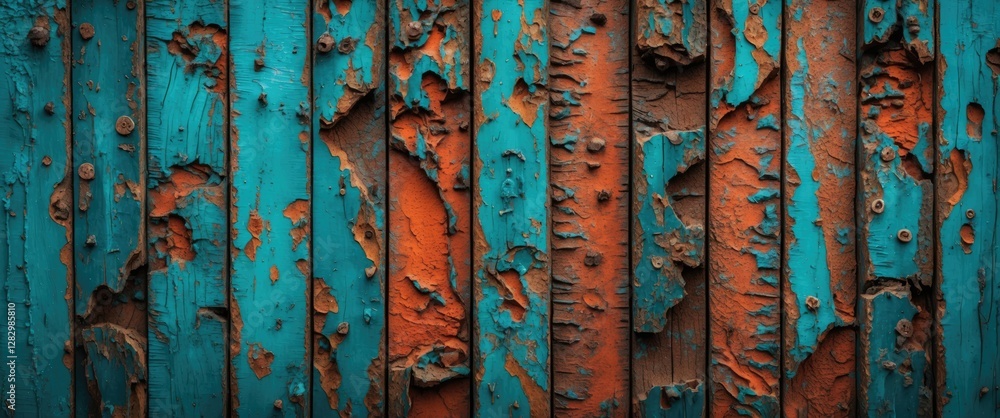 Poster weathered wooden surface with peeling turquoise and rust-colored paint showing texture and decay in 