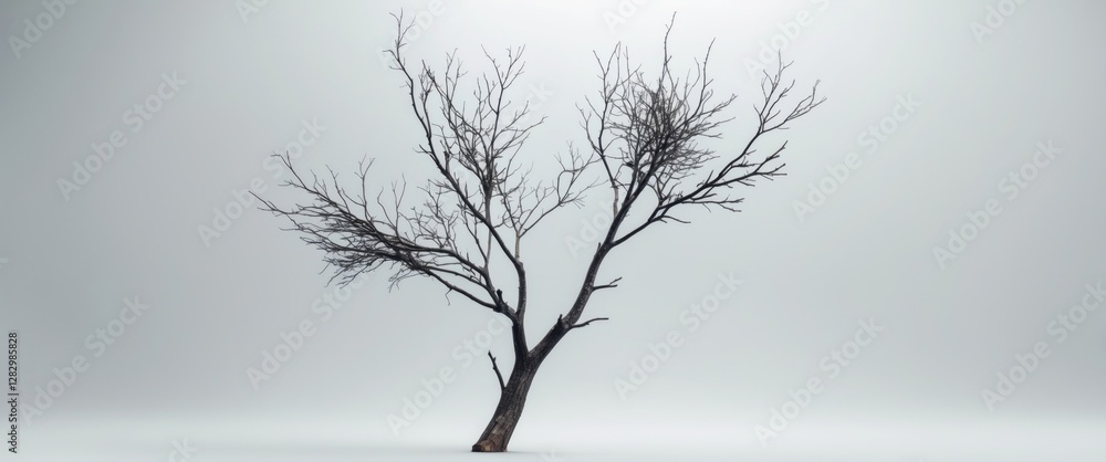 Poster bare deciduous tree with no leaves isolated on gray background in minimalistic design