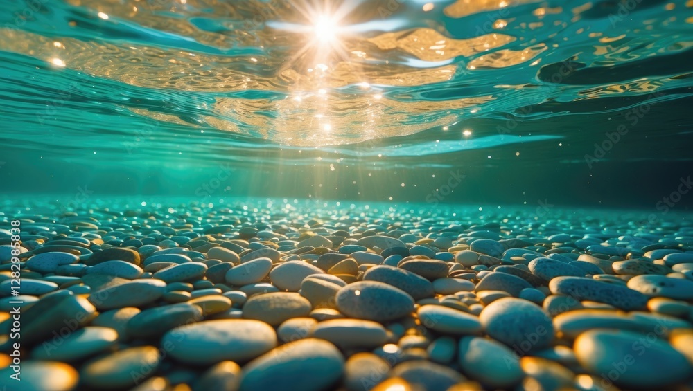 Poster underwater view of pebbles on the ocean floor illuminated by sunlight filtering through the water su