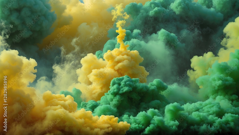 Poster colorful smoke clouds in shades of yellow and green with textured layered patterns and soft lighting