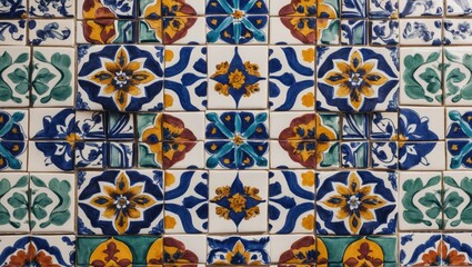 Colorful traditional ceramic tile pattern with floral designs in blue, yellow, green, and orange on a white background.