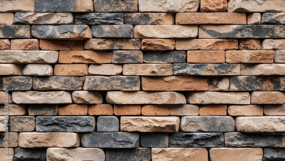 Poster textured wall of rectangular stones in varying shades of gray and brown creating a rustic background