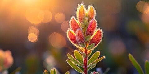Australian native flower blossoming in golden sunlight at sunset