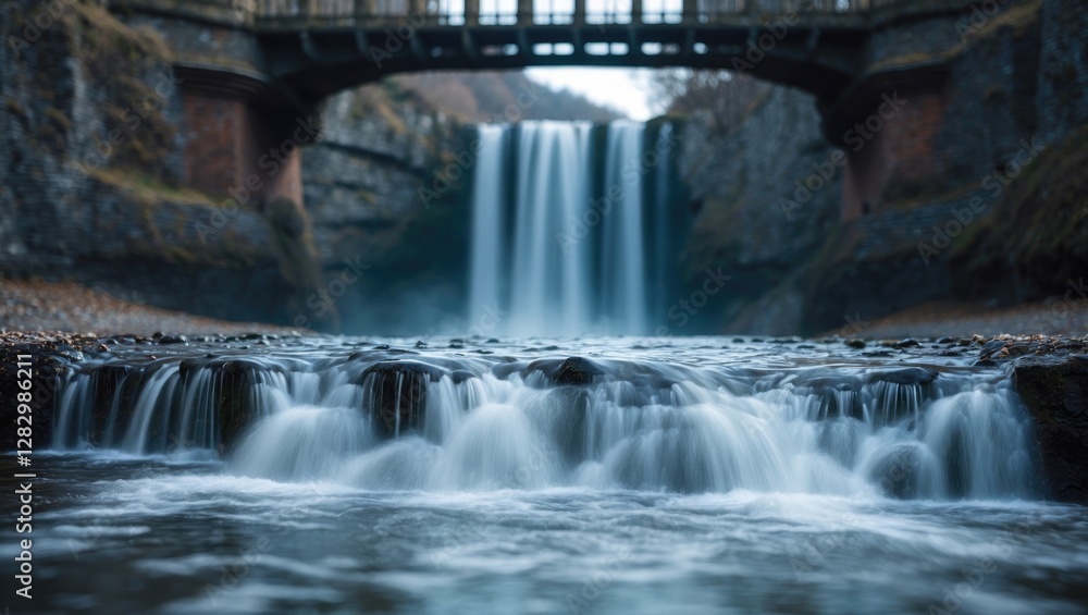 Poster waterfall cascading over rocks with a bridge overhead surrounded by rocky cliffs in a serene natural