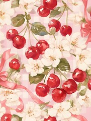  cherries in the middle surrounded by gingham bows and florals, Generative AI