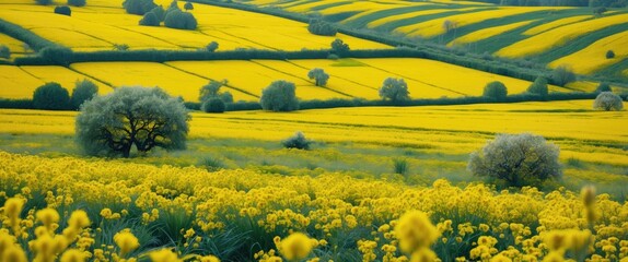 Vibrant mustard fields in a picturesque landscape showcasing lush greenery and rolling yellow fields under a clear blue sky.