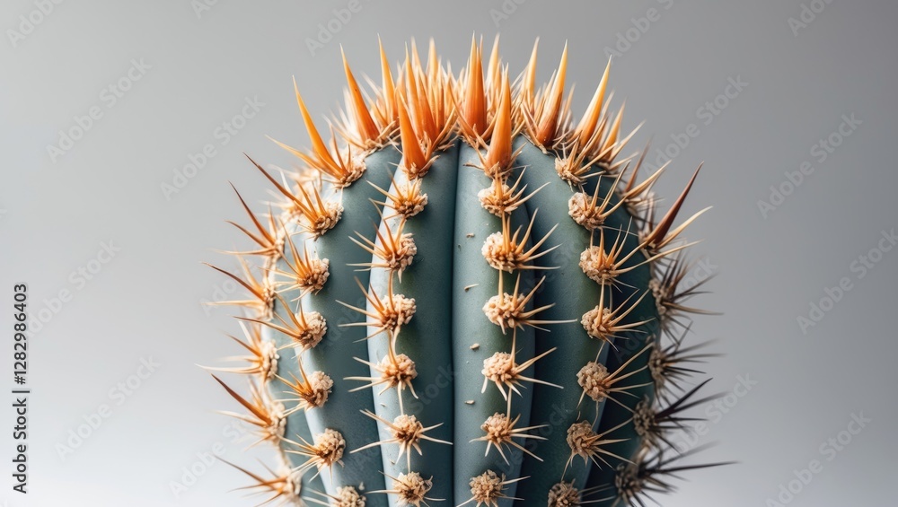 Poster macro closeup of astrophytum cactus showcasing intricate thorn patterns against a minimalist backgro