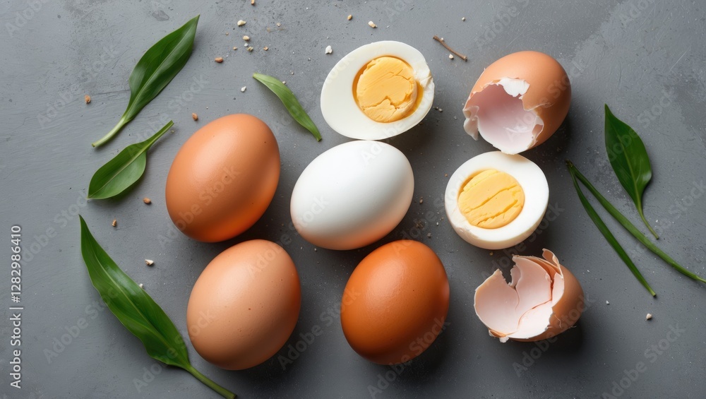 Poster assorted raw and boiled eggs on a grey surface with green leaves and eggshells scattered around