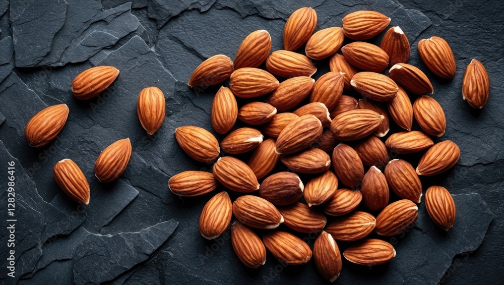 Poster almonds scattered on a dark stone surface captured from above demonstrating texture and natural eleg