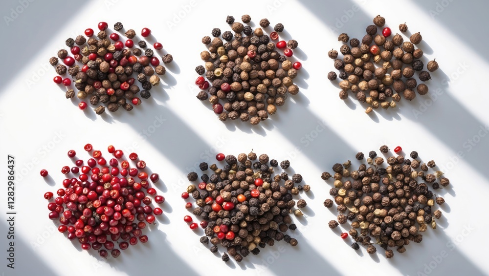 Aufkleber various types of peppercorns arranged in circular patterns on white surface with shadows and natural