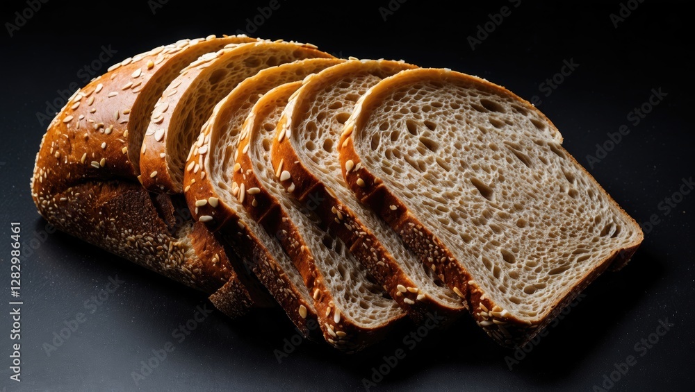 Poster sliced whole grain bread with sesame seeds arranged on a dark background displaying texture and crus