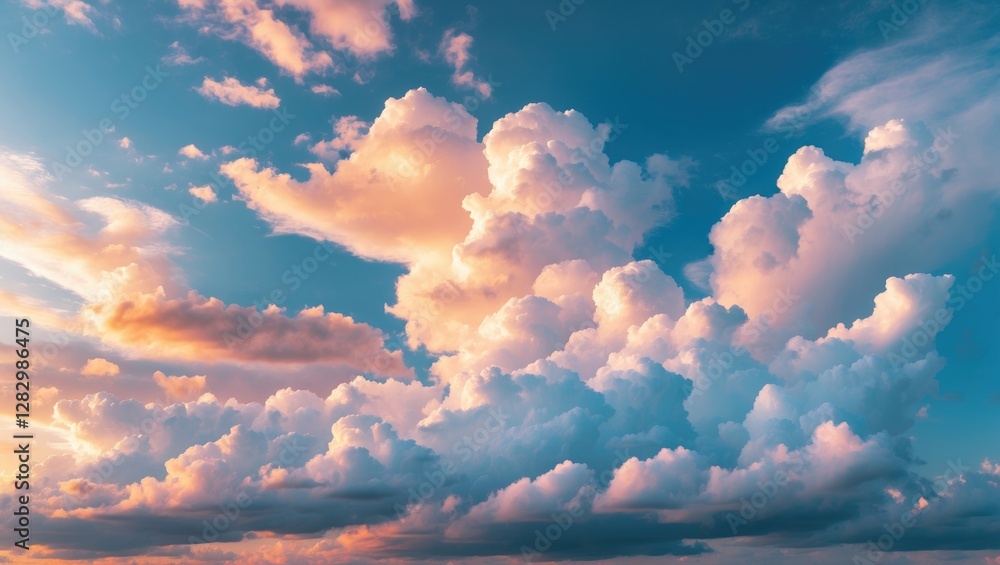 Aufkleber high resolution image of fluffy clouds illuminated by sunset light against a blue sky displaying sha