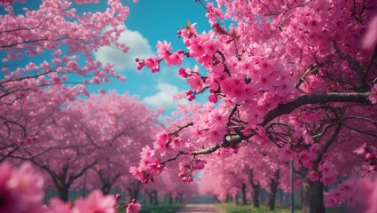 Cherry blossom trees in full bloom along a scenic pathway under a bright blue sky with fluffy clouds.