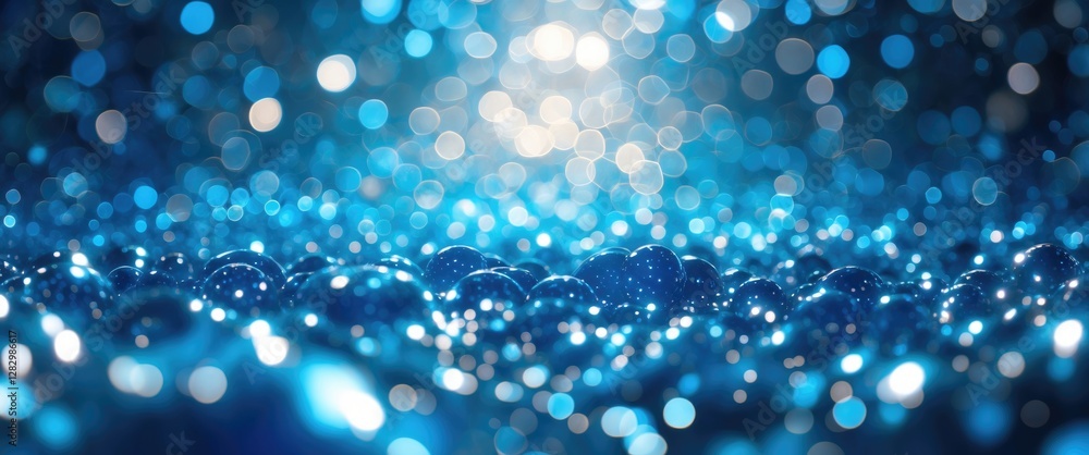 Poster vibrant blue bokeh background with shimmering lights and water droplets creating a serene and enchan