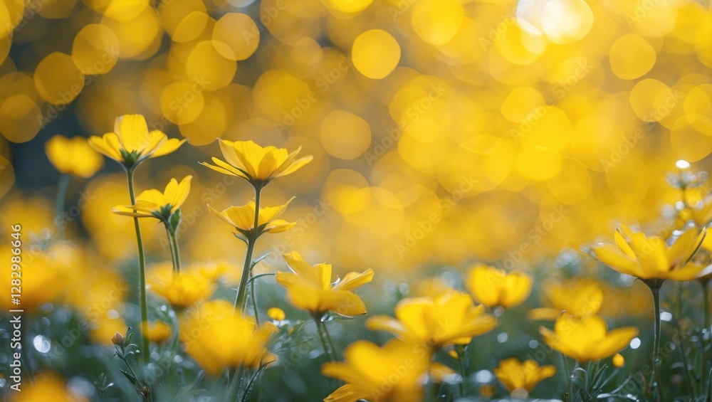 Poster vibrant yellow flower field with dreamy bokeh effect creating a soft, mystical atmosphere that enhan