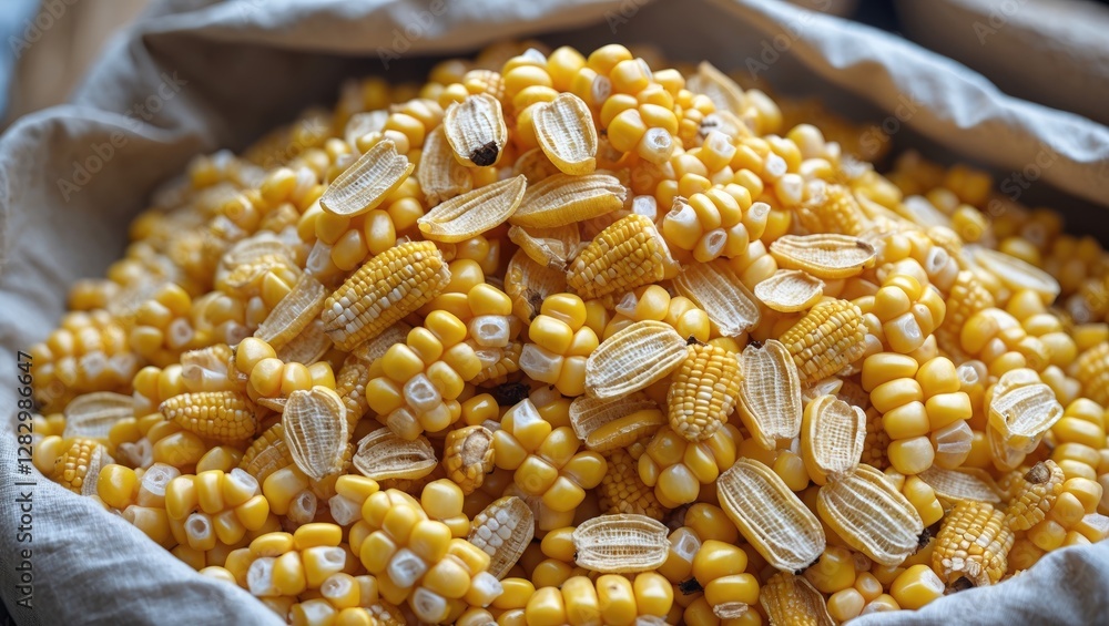 Poster close-up of a large pile of dried corn kernels showcasing their vibrant yellow color and unique text