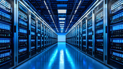 Symmetrical Perspective of a Blue Lit Server Room with Rows of Racks and Equipment