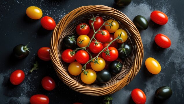 Colorful assortment of cherry tomatoes in a rustic woven basket on a dark background with scattered tomatoes and flour dusting - Powered by Adobe