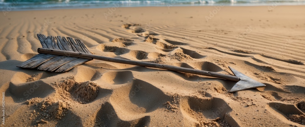 Poster wooden arrow design etched in sandy beach with gentle waves in the background creating a serene coas