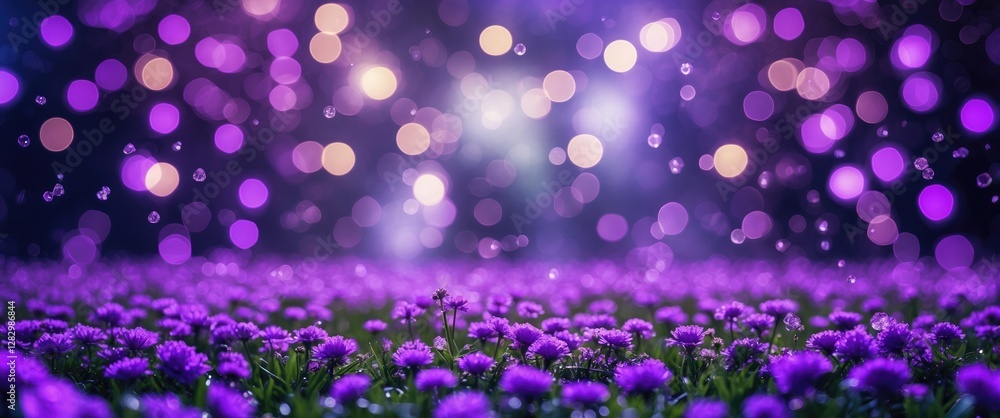 Aufkleber purple flower field with bokeh lights in background creating a dreamy atmosphere with water droplets