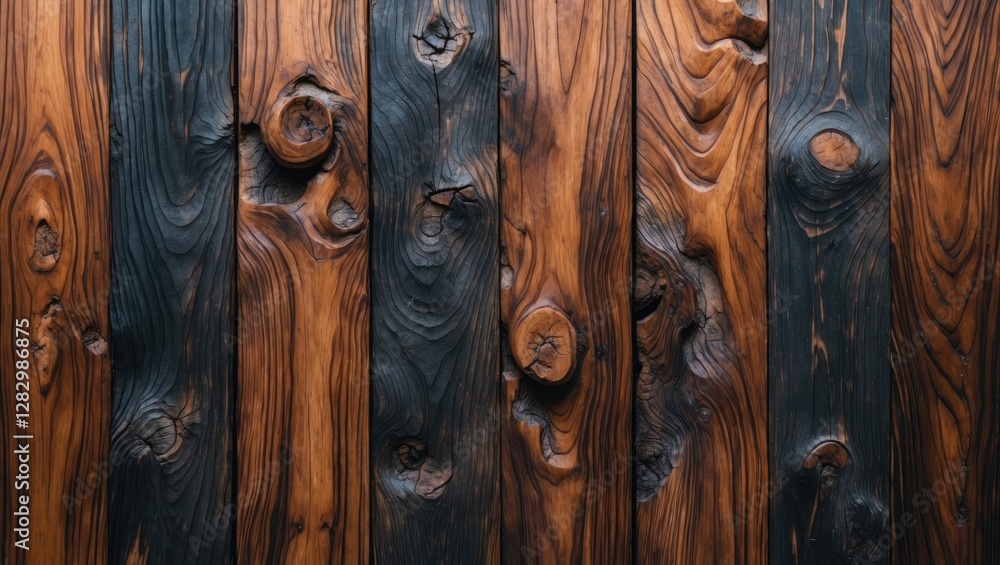 Poster dark acacia wood texture background with distinct grain patterns and knots for interior design and r
