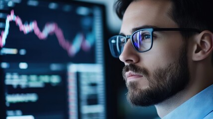 A focused individual analyzes data trends on a computer screen, showcasing a blend of technology and finance in a professional setting.
