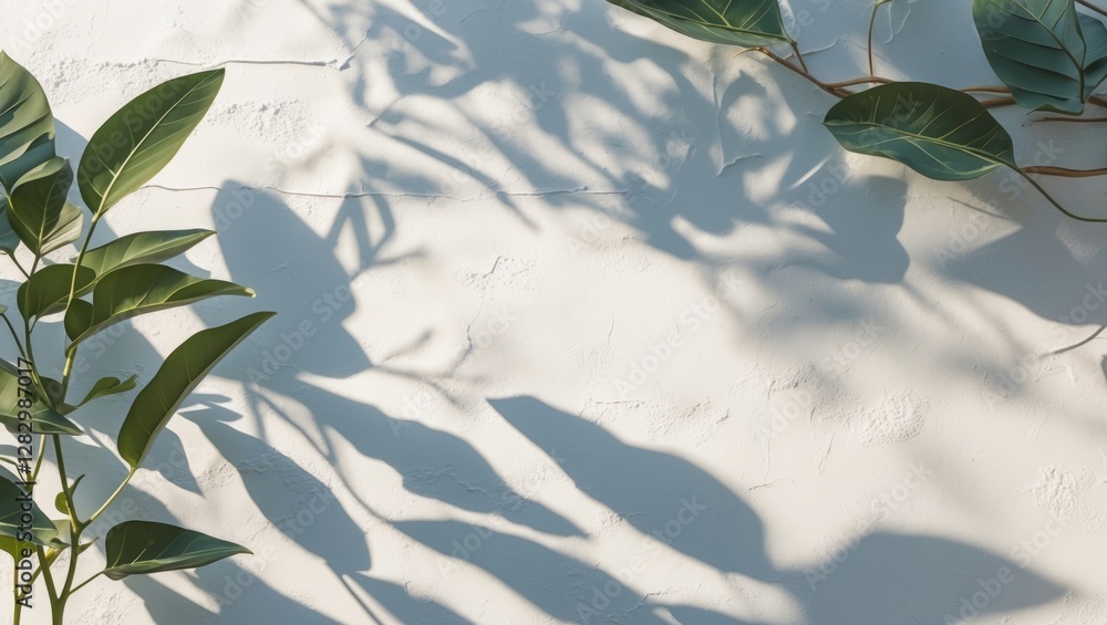 Poster minimalist abstract background with plant leaf shadows on a textured white wall creating a serene co