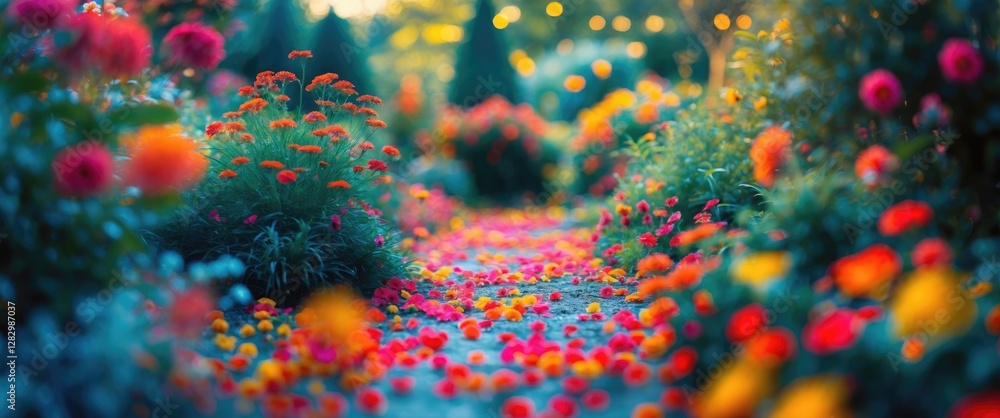 Poster vibrant garden path with colorful flowers and soft bokeh lighting creating a serene and enchanting a