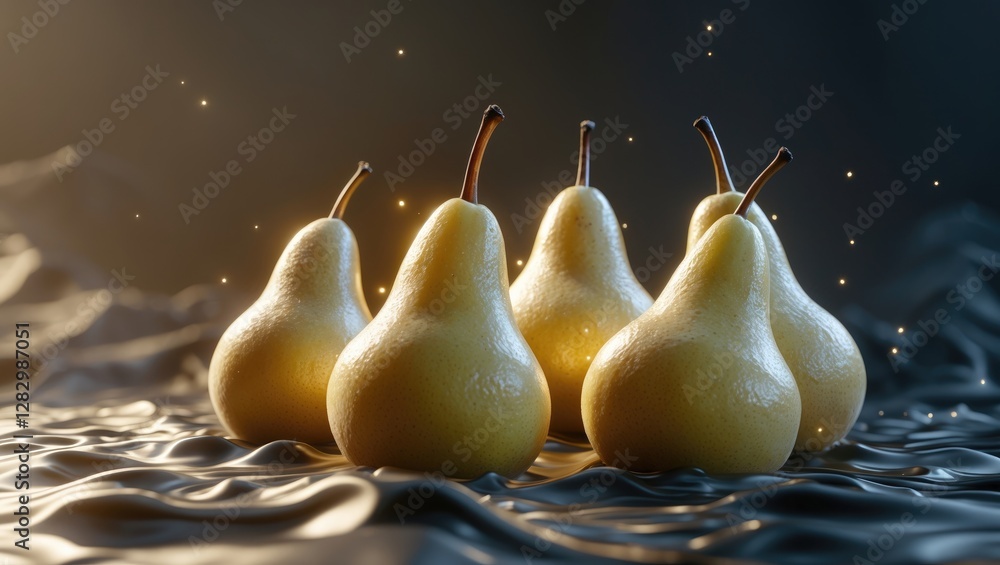 Poster group of ripe golden pears arranged on textured black fabric with subtle glowing elements in a dark 