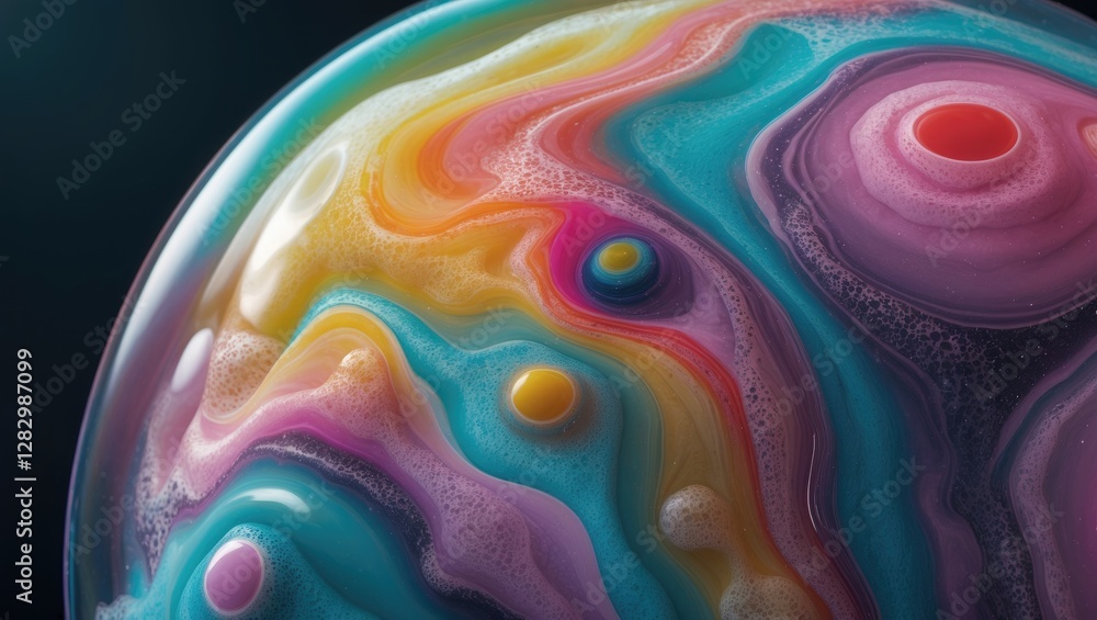 Poster psychedelic soap bubble resembling an alien planet with vibrant colors set against a dark background