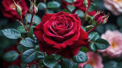 Red rose in full bloom surrounded by green leaves and budding flowers, close-up of petals and details of the flower arrangement