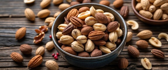 Obraz premium Assorted unpeeled nuts in a deep bowl on a rustic wooden table showcasing a healthy vegetarian food option.
