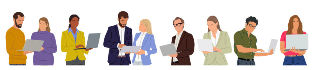 Business people working at laptop. Different men and women wearing smart casual, formal office outfits standing, looking at computer. Vector realistic illustration isolated