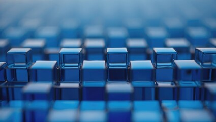 Abstract blue glass cube grid with soft focus and depth, conveying a modern and tranquil aesthetic for design and creative projects.