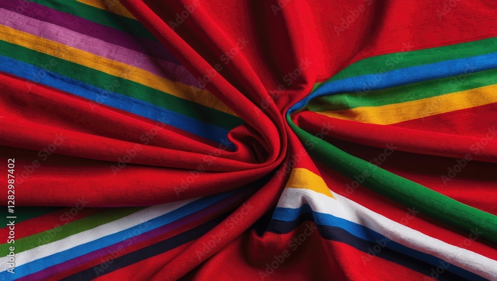 Poster red fabric with multicolored striped patterns in green, blue, yellow, purple and white creating a dy