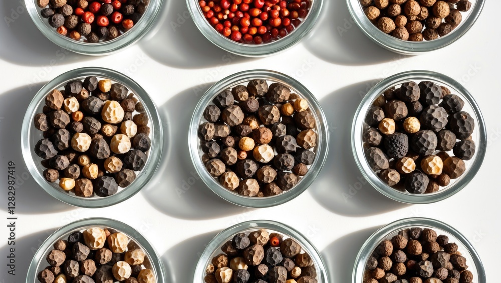 Aufkleber assorted spices and peppercorns in circular glass containers arranged in a grid pattern on a white b
