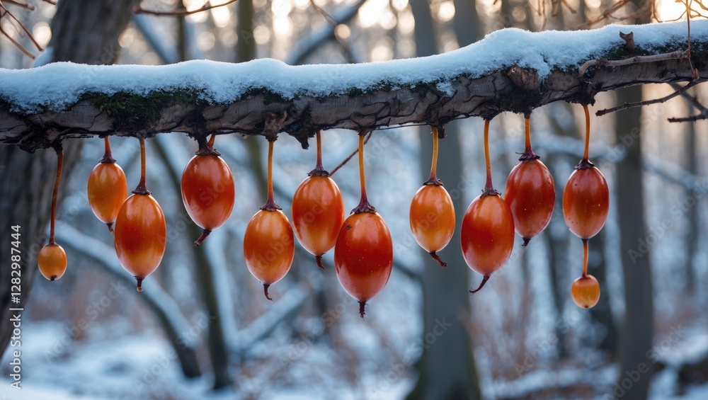 Poster orange seed pods hanging from a snowy tree branch in a winter forest setting with blurred background