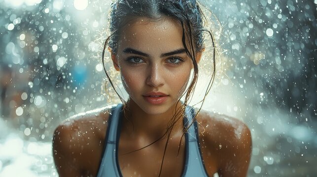 Captivating portrait of a young woman with a strong gaze under rain and water droplets, evoking emotion and strength