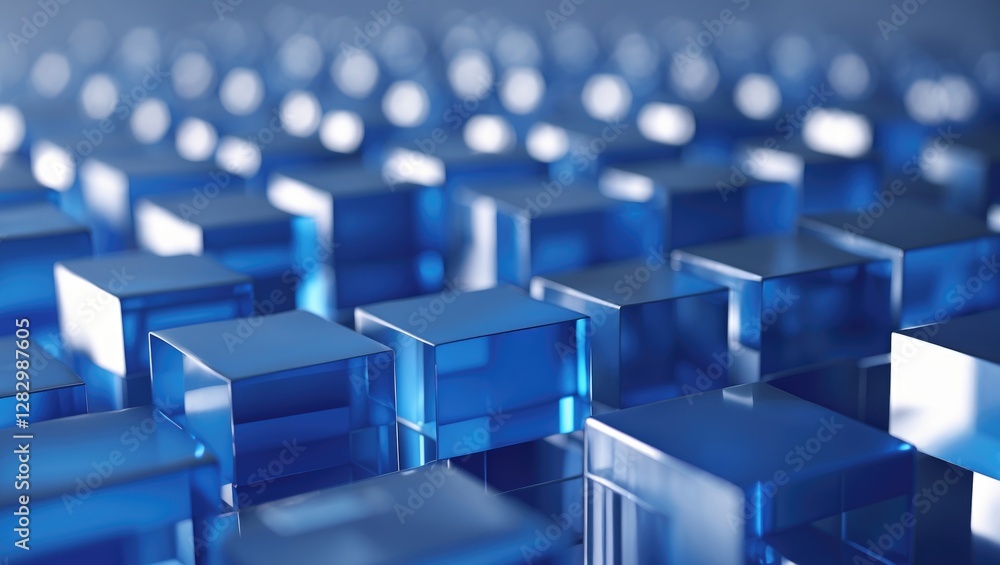 Poster blue transparent cubes arranged in a soft focus grid creating an abstract background ideal for moder