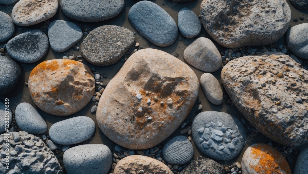 Poster natural stone texture composition with diverse shapes and colors along a shore, creating a visually 