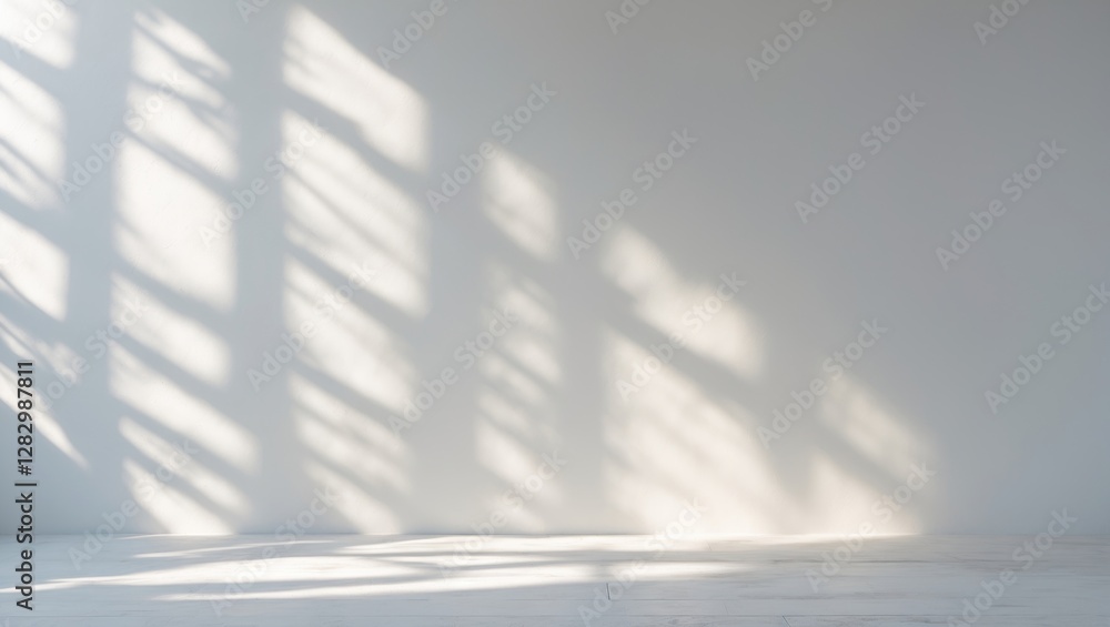 Poster soft shadows creating an abstract pattern on a minimalistic white wall and floor background showcasi
