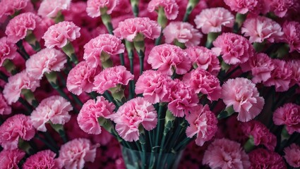 Pink carnations arranged densely in a bouquet with soft-focus background of more pink flowers.