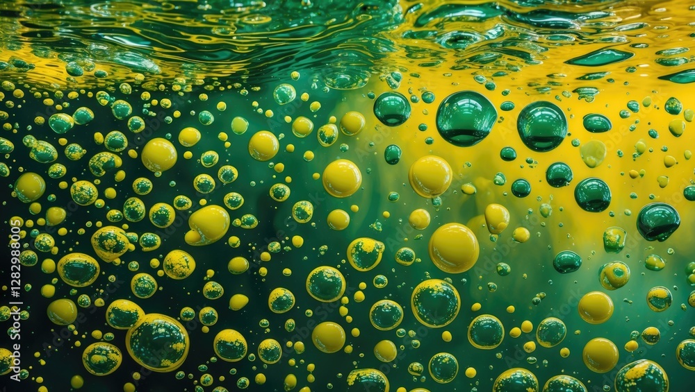Poster colorful abstract background featuring vibrant green and yellow bubbles floating on a reflective wat