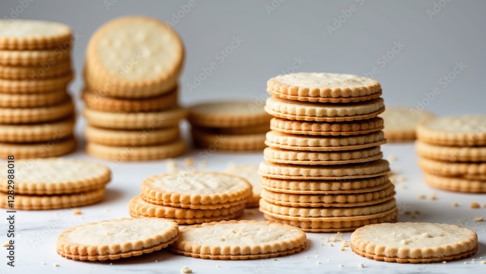 Poster stacked circular biscuits on a white background showcasing texture and detail perfect for culinary o