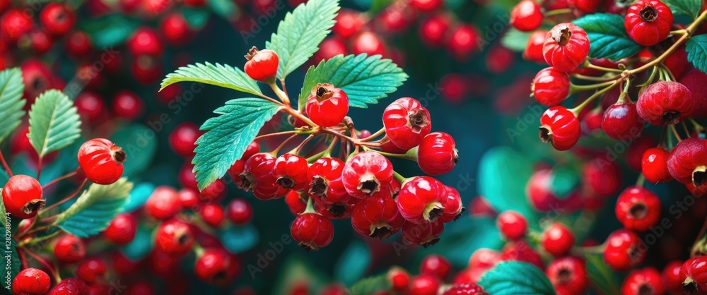Poster close-up view of red berries on green leaves in a natural setting with a blurred background